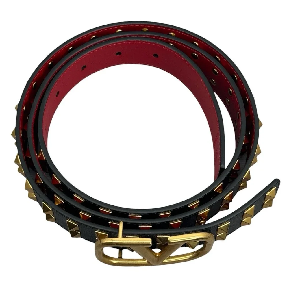 NEW WITH BOX Valentino Black Red Leather V Logo Studded Belt Luxury 100cm L